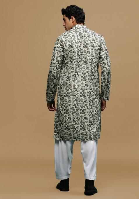 Green Printed Linen Cotton Kurta Sets For Men