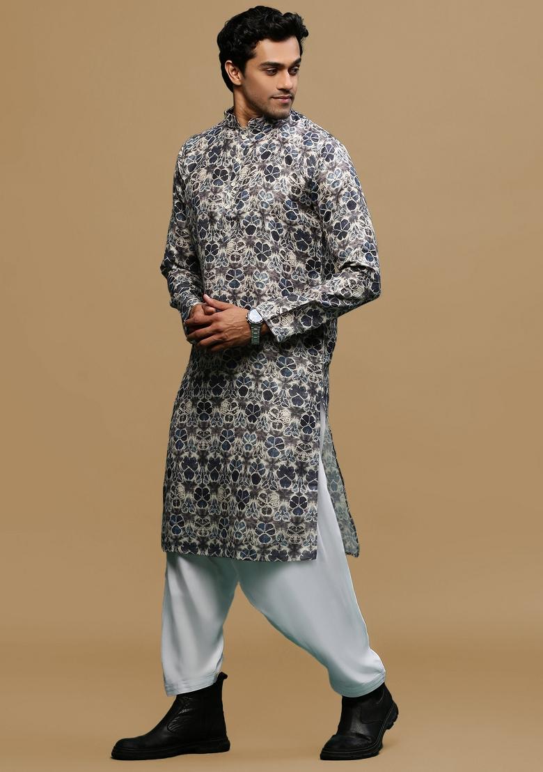 Grey Printed Linen Cotton Kurta Sets For Men