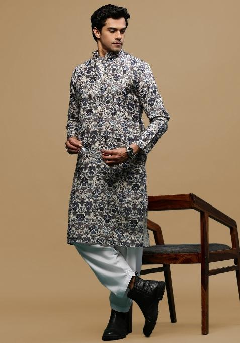 Grey Printed Linen Cotton Kurta Sets For Men