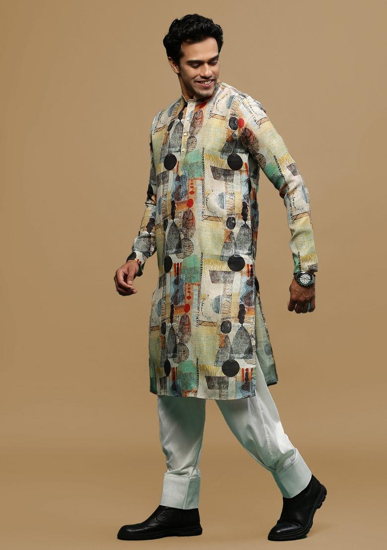 Yellow Printed Linen Cotton Kurta Sets For Men