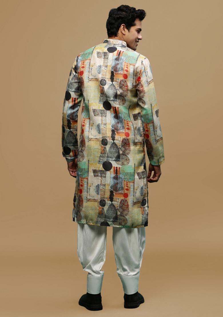 Yellow Printed Linen Cotton Kurta Sets For Men