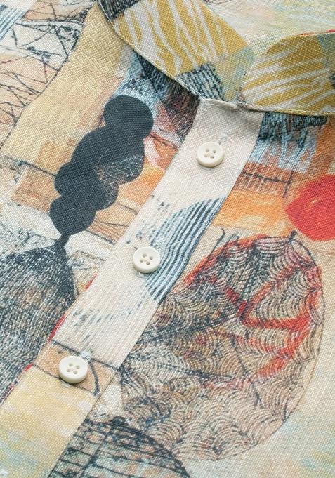 Yellow Printed Linen Cotton Kurta Sets For Men