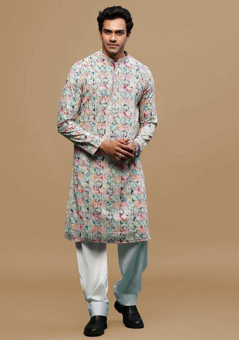 Blue Chikankari Cotton Kurta Sets For Men