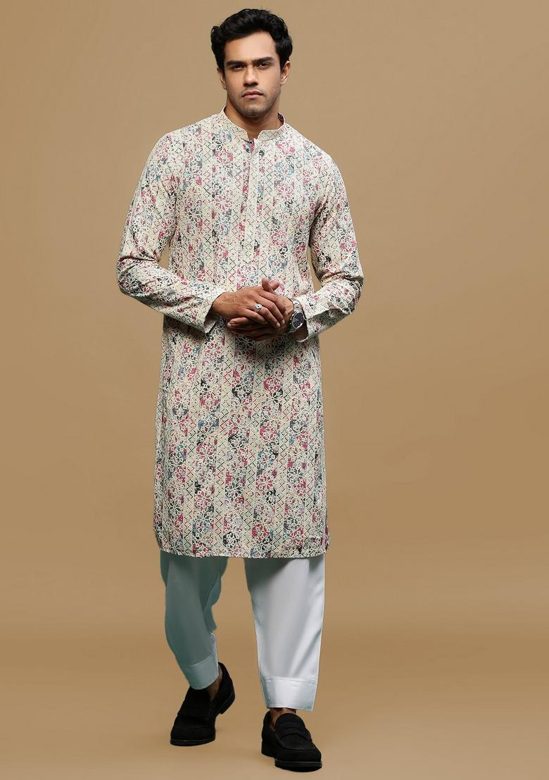Blue Chikankari Cotton Kurta Sets For Men