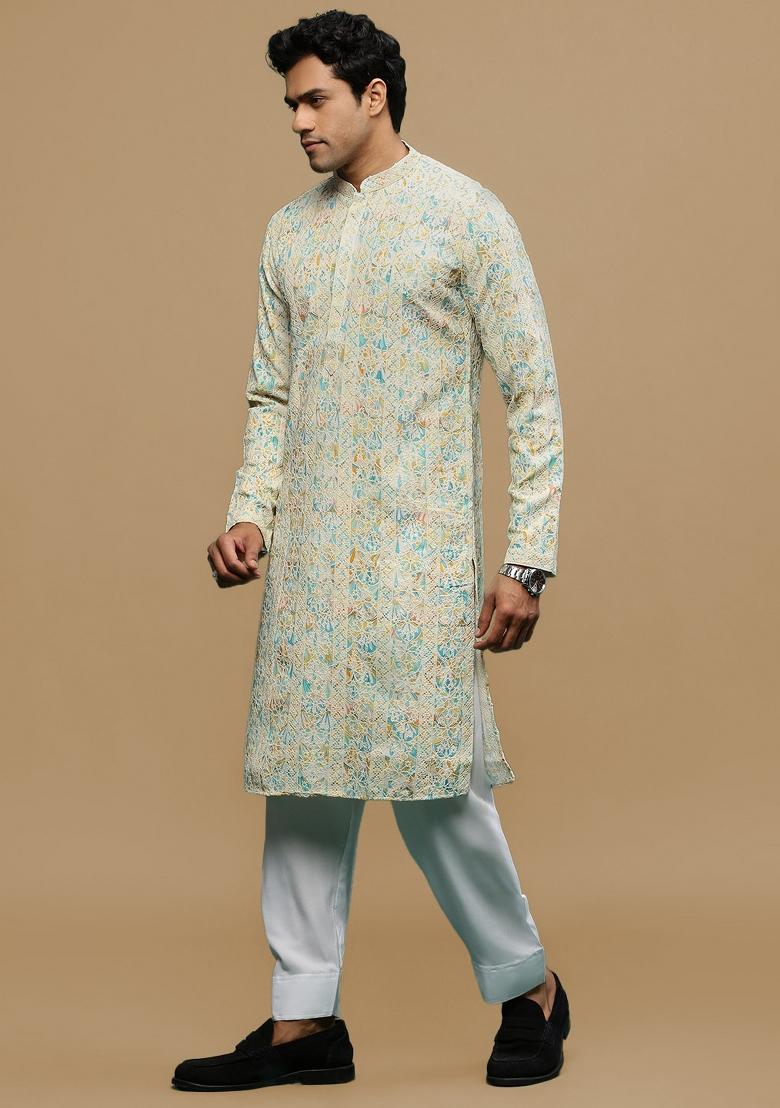 Yellow Chikankari Cotton Kurta Sets For Men
