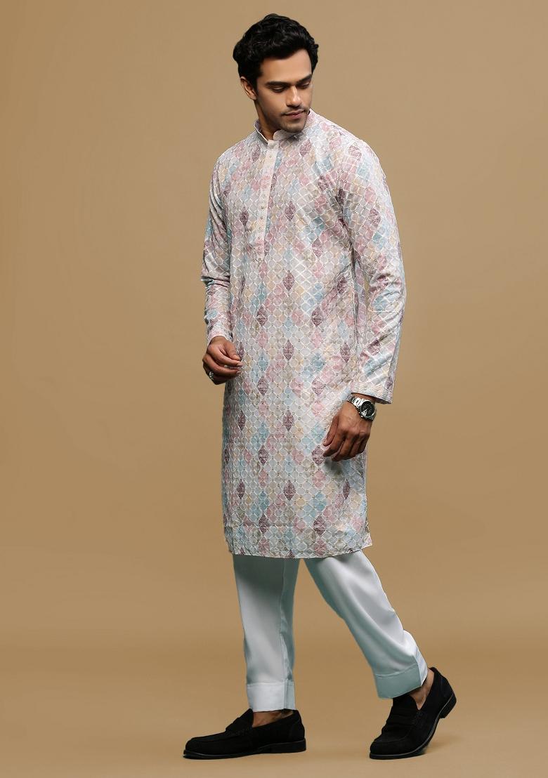 Pink Chikankari Cotton Kurta Sets For Men