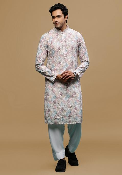 Pink Chikankari Cotton Kurta Sets For Men