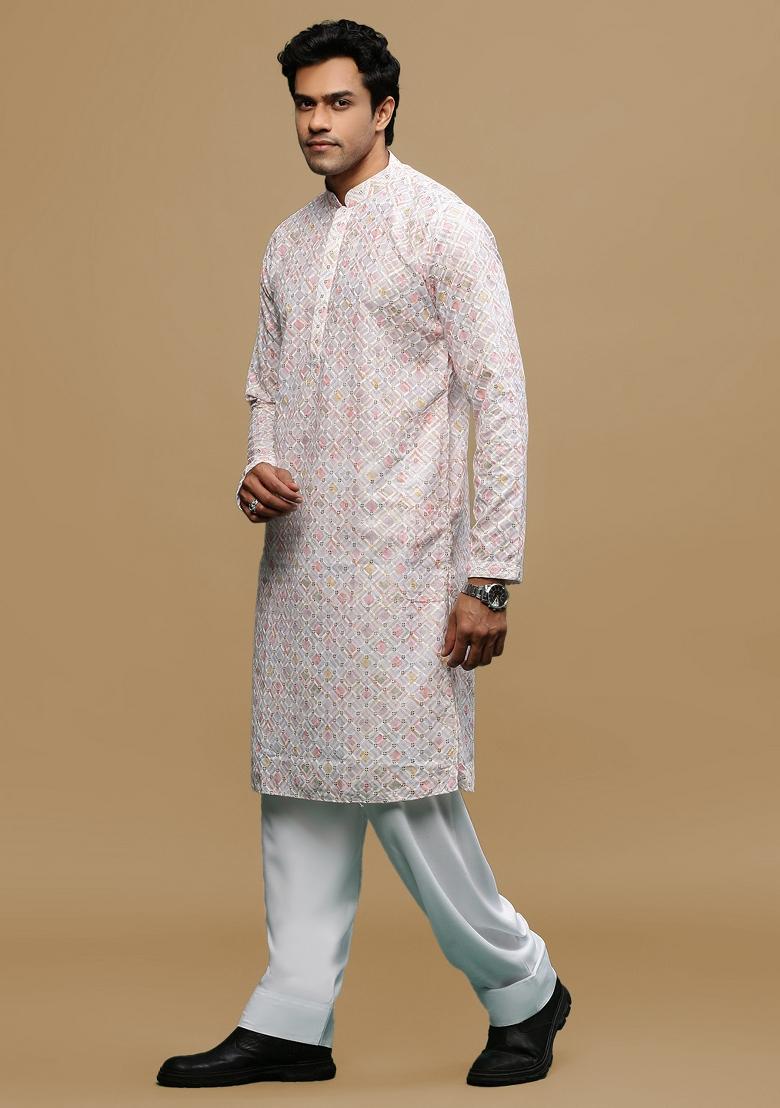 Pink Chikankari Cotton Kurta Sets For Men