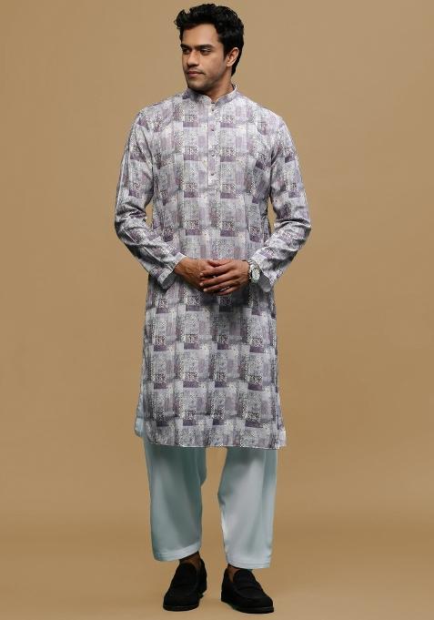 Pink Printed Cotton Kurta Sets For Men