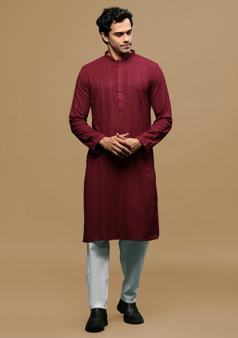 Maroon Chikankari Cotton Kurta Sets For Men
