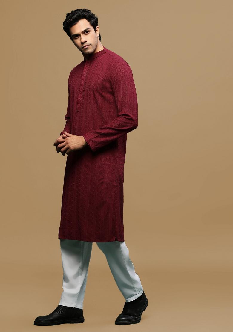 Maroon Chikankari Cotton Kurta Sets For Men