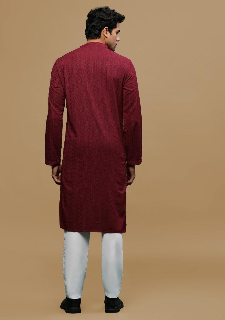Maroon Chikankari Cotton Kurta Sets For Men