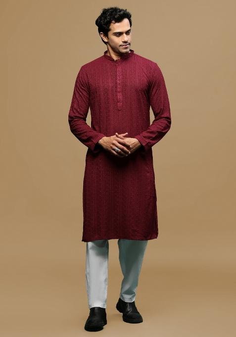 Maroon Chikankari Cotton Kurta Sets For Men