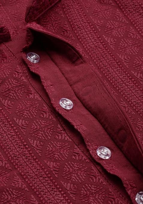Maroon Chikankari Cotton Kurta Sets For Men