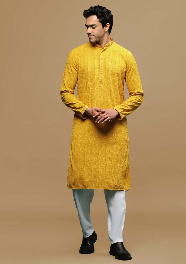 Yellow Chikankari Cotton Kurta Sets For Men