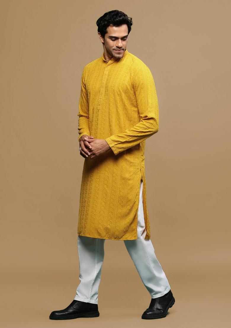 Yellow Chikankari Cotton Kurta Sets For Men