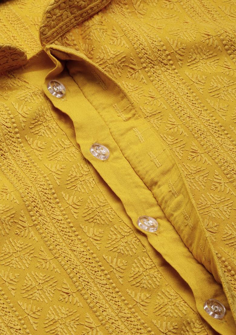 Yellow Chikankari Cotton Kurta Sets For Men