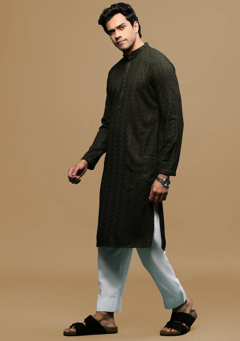Green Chikankari Cotton Kurta Sets For Men