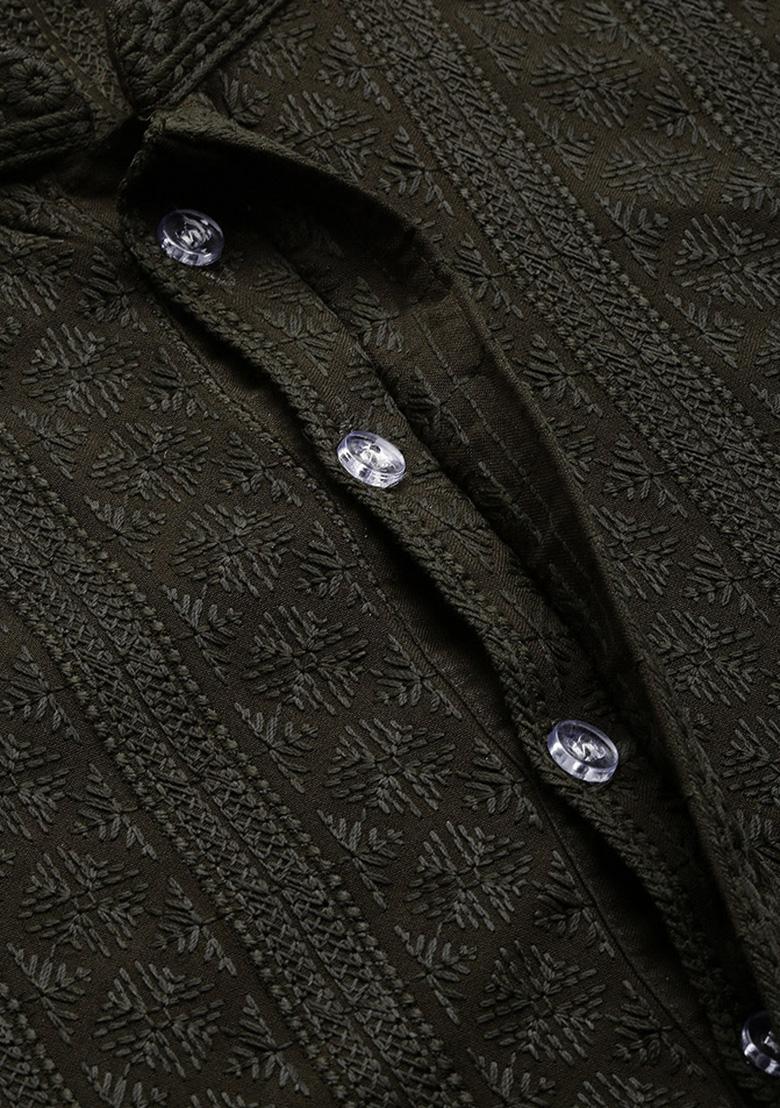 Green Chikankari Cotton Kurta Sets For Men