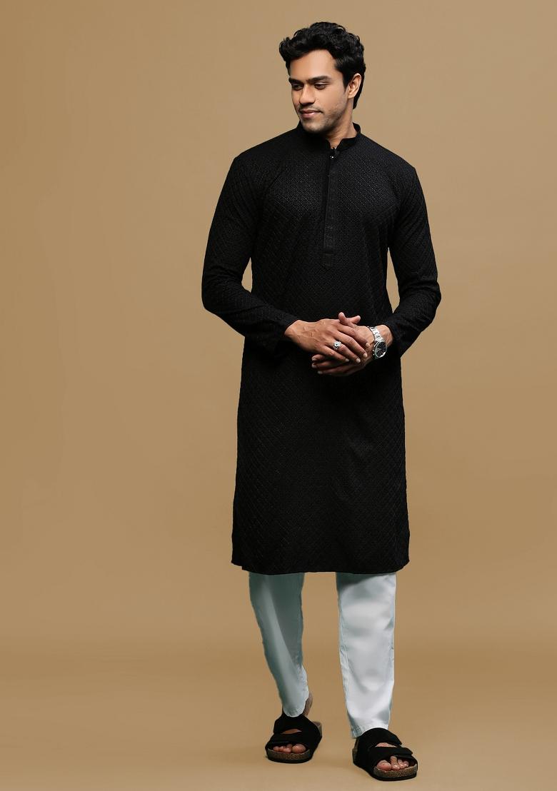 Black Chikankari Cotton Kurta Sets For Men