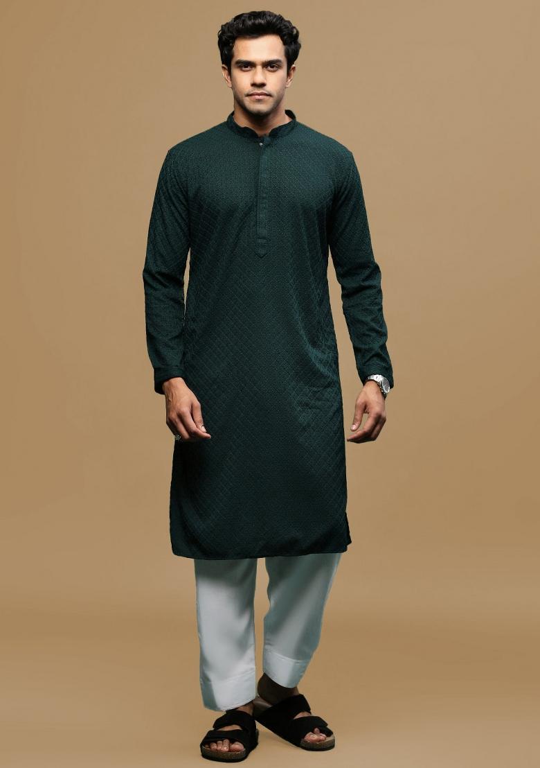 Green Chikankari Cotton Kurta Sets For Men