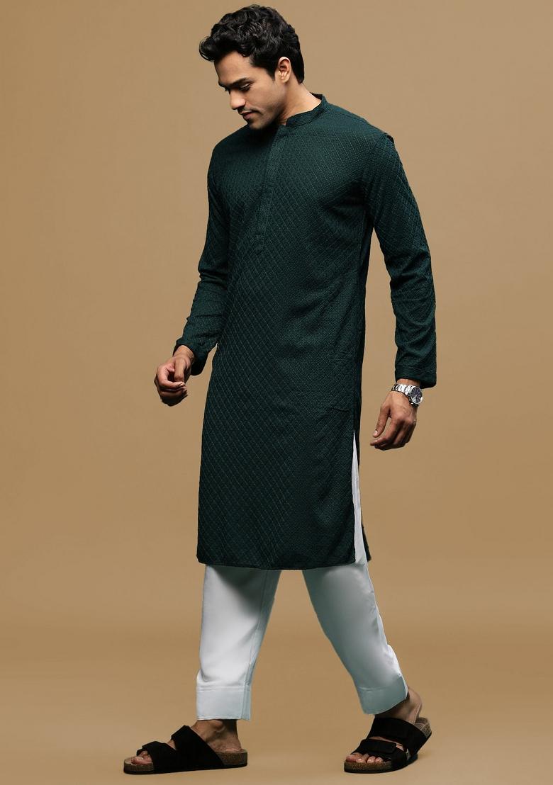 Green Chikankari Cotton Kurta Sets For Men