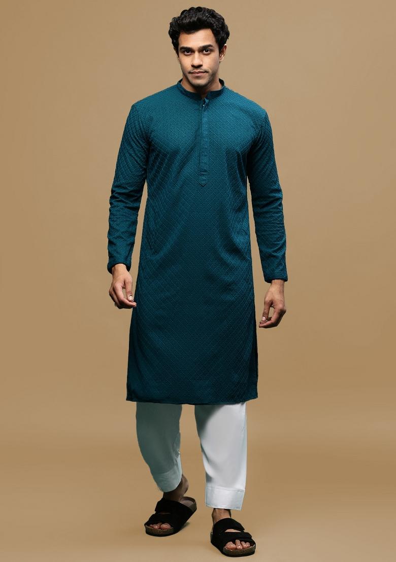 Green Chikankari Cotton Kurta Sets For Men