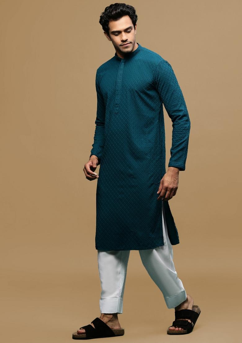 Green Chikankari Cotton Kurta Sets For Men