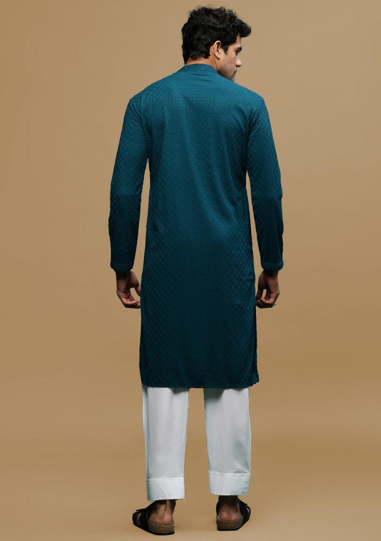 Green Chikankari Cotton Kurta Sets For Men