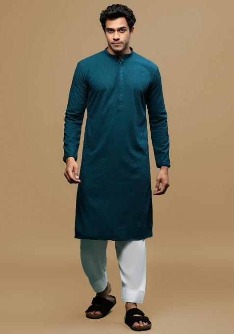 Green Chikankari Cotton Kurta Sets For Men