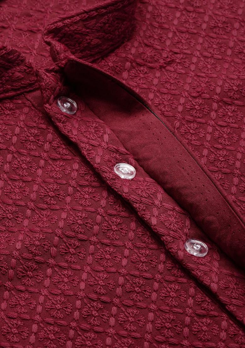 Maroon Chikankari Cotton Kurta Sets For Men