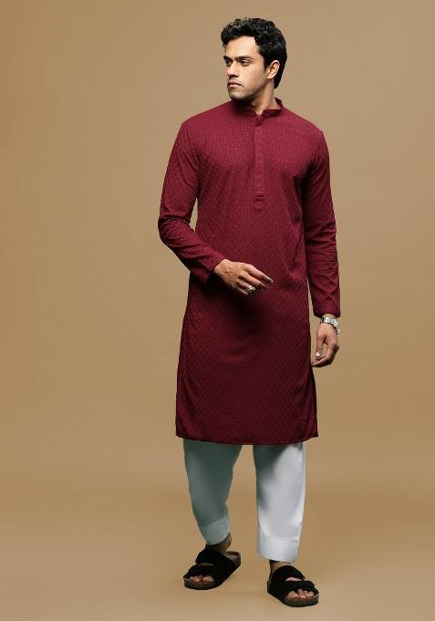 Maroon Chikankari Cotton Kurta Sets For Men