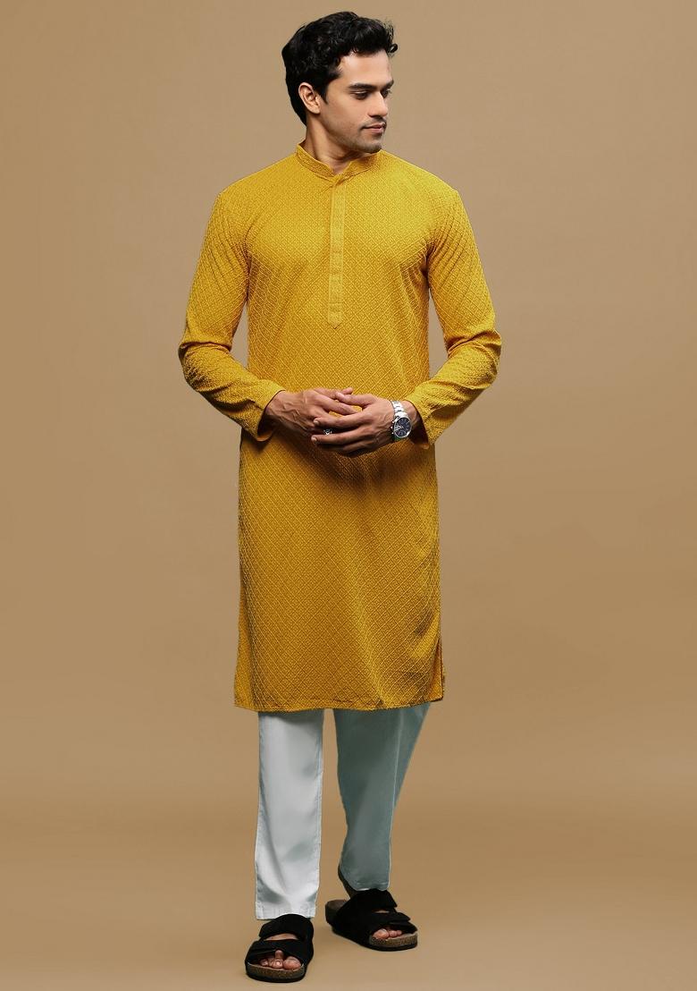 Yellow Chikankari Cotton Kurta Sets For Men