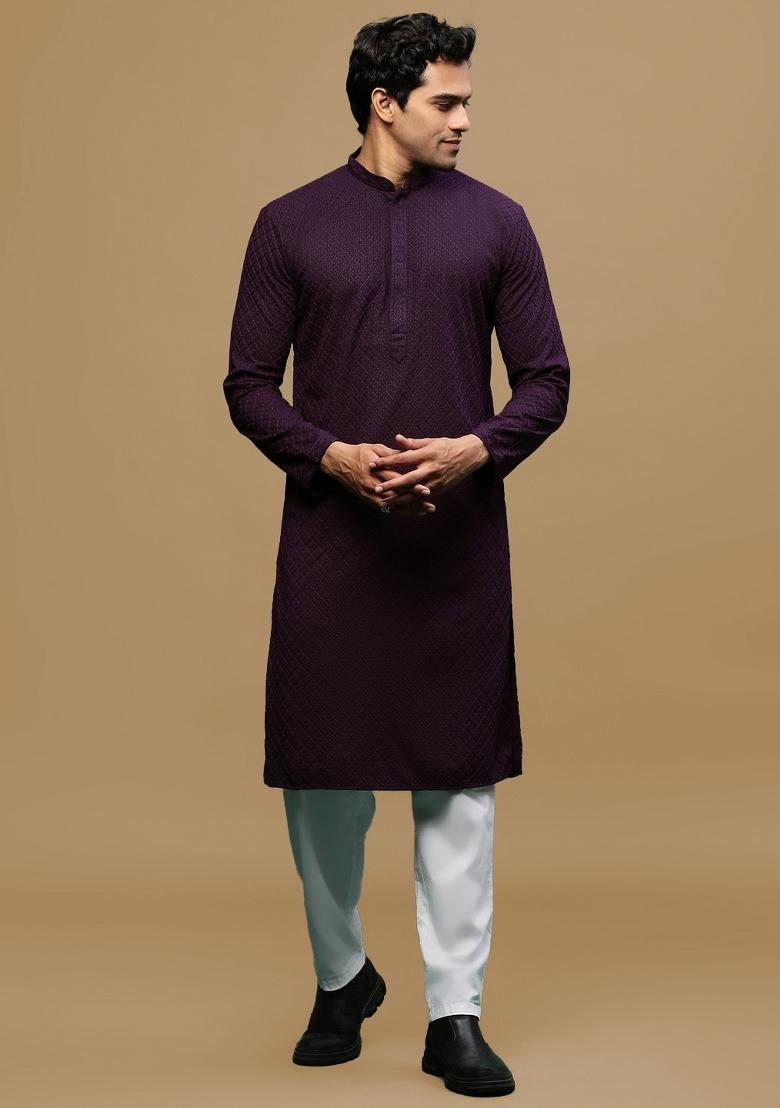 Purple Chikankari Cotton Kurta Sets For Men