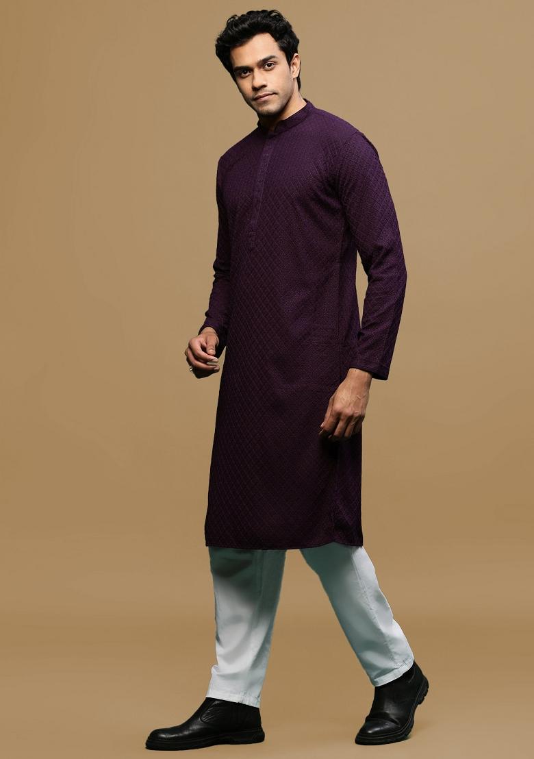 Purple Chikankari Cotton Kurta Sets For Men