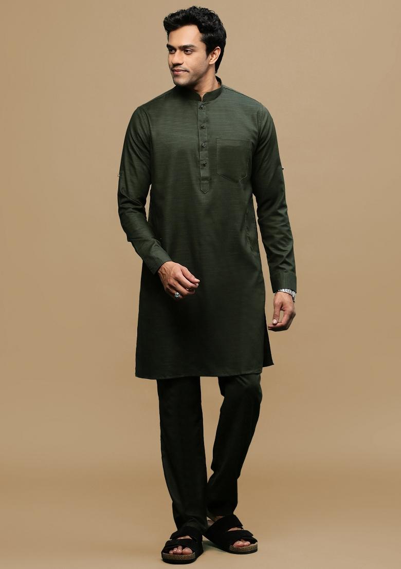 Green Solid Cotton Kurta Sets For Men