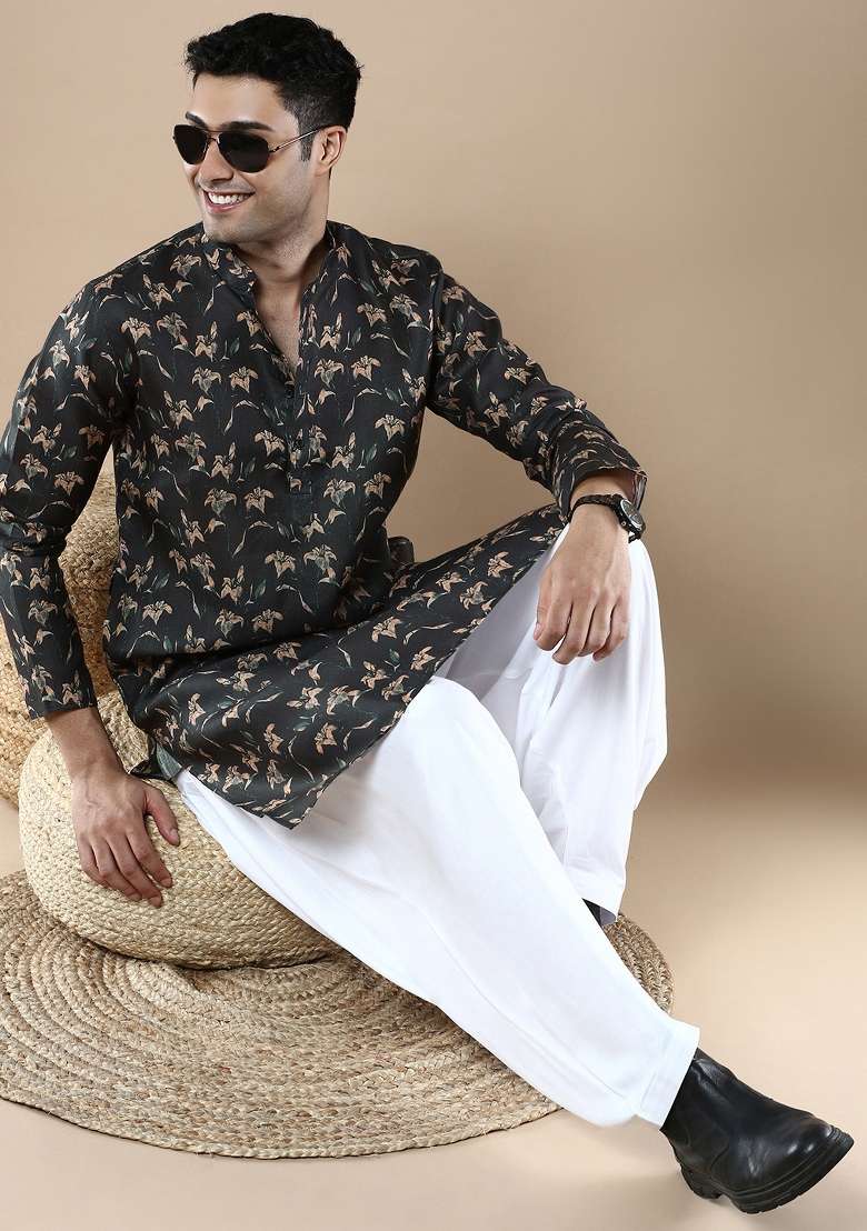 Brown Printed Linen Cotton Kurta For Men - Indya