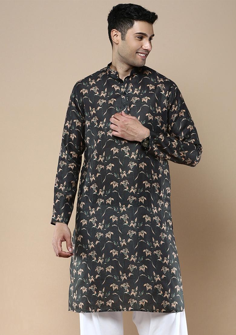 Brown Printed Linen Cotton Kurta For Men