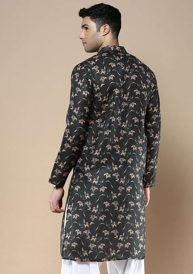 Brown Printed Linen Cotton Kurta For Men - Indya