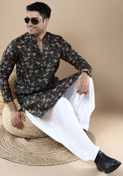 Brown Printed Linen Cotton Kurta For Men