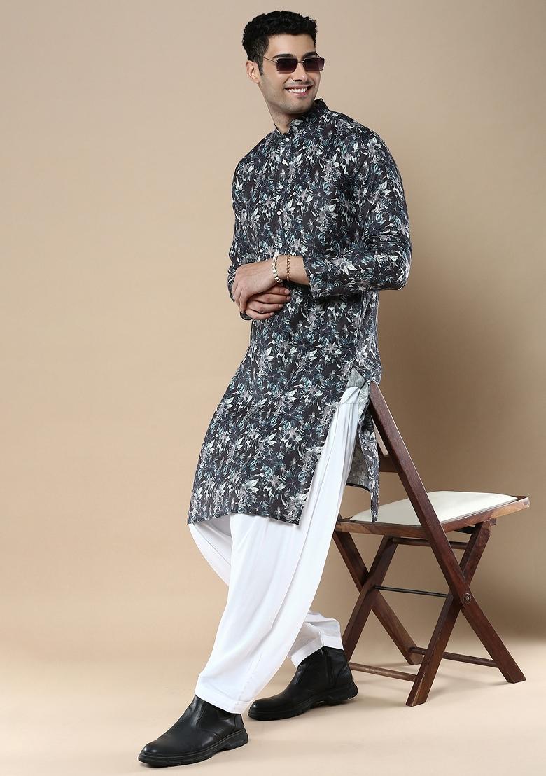 Black Printed Linen Cotton Kurta For Men