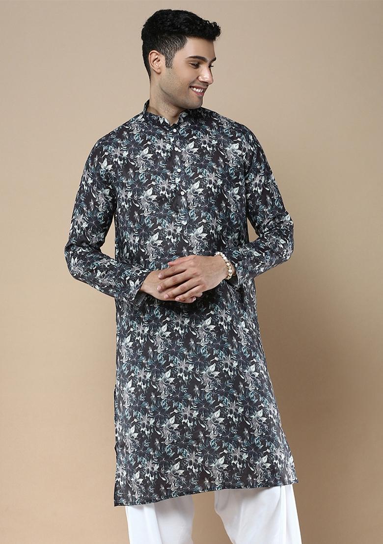 Black Printed Linen Cotton Kurta For Men