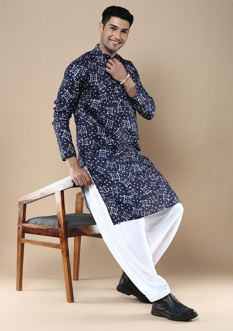 Blue Printed Linen Cotton Kurta For Men