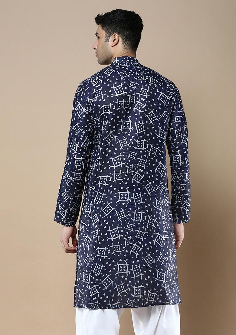 Blue Printed Linen Cotton Kurta For Men