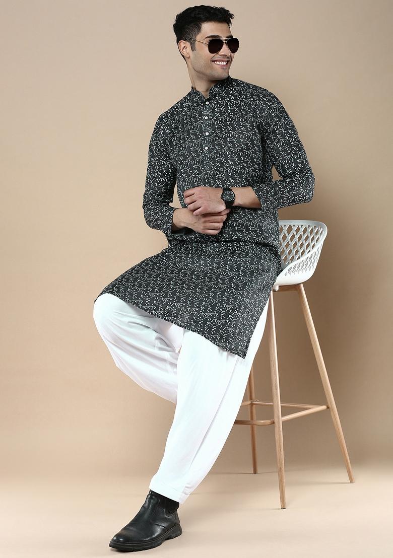 Green Printed Linen Cotton Kurta For Men
