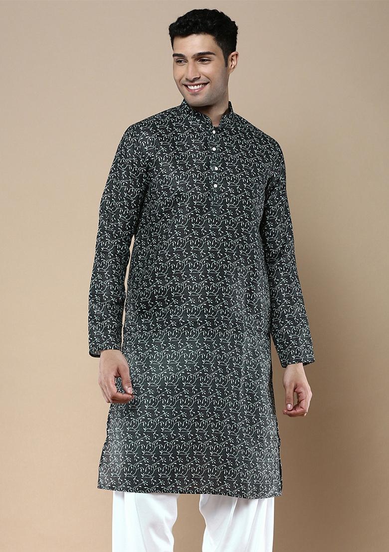 Green Printed Linen Cotton Kurta For Men