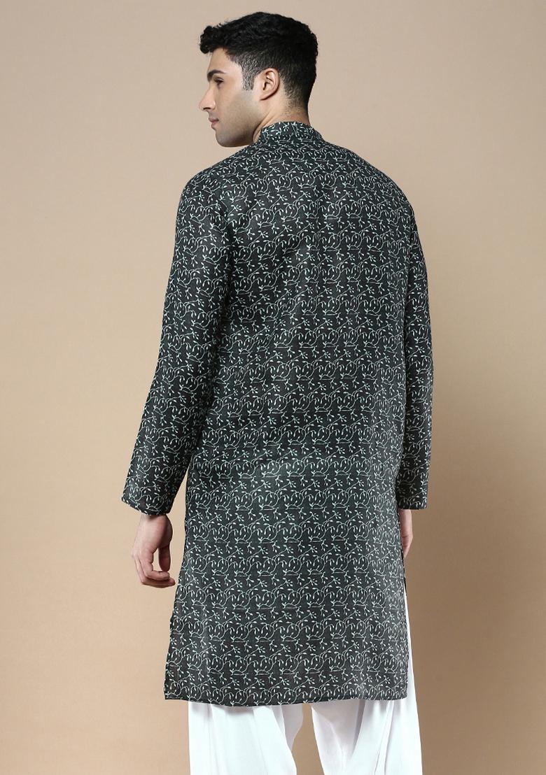 Green Printed Linen Cotton Kurta For Men