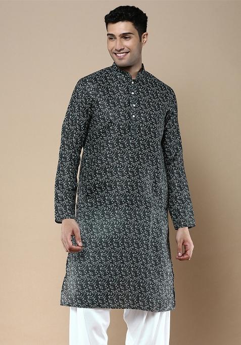 Green Printed Linen Cotton Kurta For Men