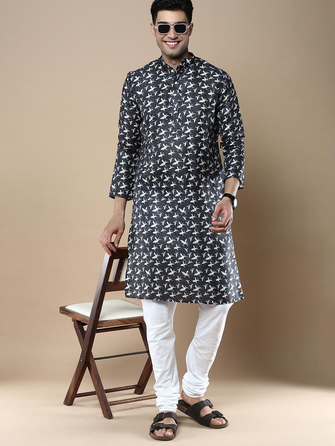 Blue Printed Linen Cotton Kurta For Men