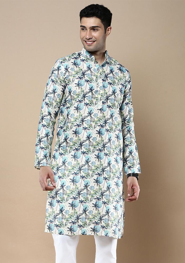 Blue Printed Linen Cotton Kurta For Men